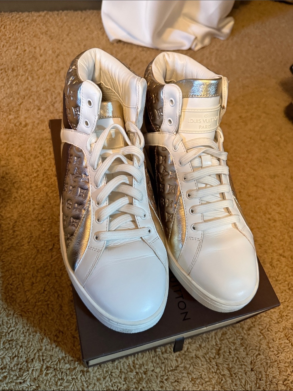 Louis Vuitton White & Metallic Bronze Monogram High-Top Sneakers